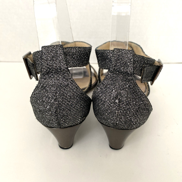 JIMMY CHOO Sandal Chiara‎ Anthracite Leather Glitter Wedge Silver Metallic 37.5 - Picture 8 of 14